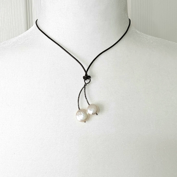 Jewelry - Boho Brown leather chord, mother of peal, adjustable Necklace